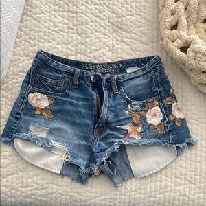 American Eagle Outfitters Floral Embroidered Denim Shorts - Blue